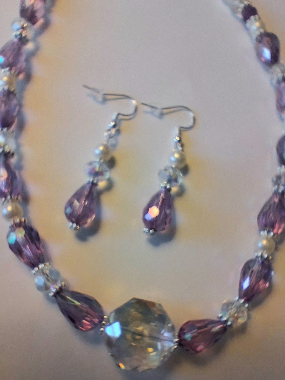 Handmade Elegant Purple Crystal Teardrop Necklace and Earrings Set